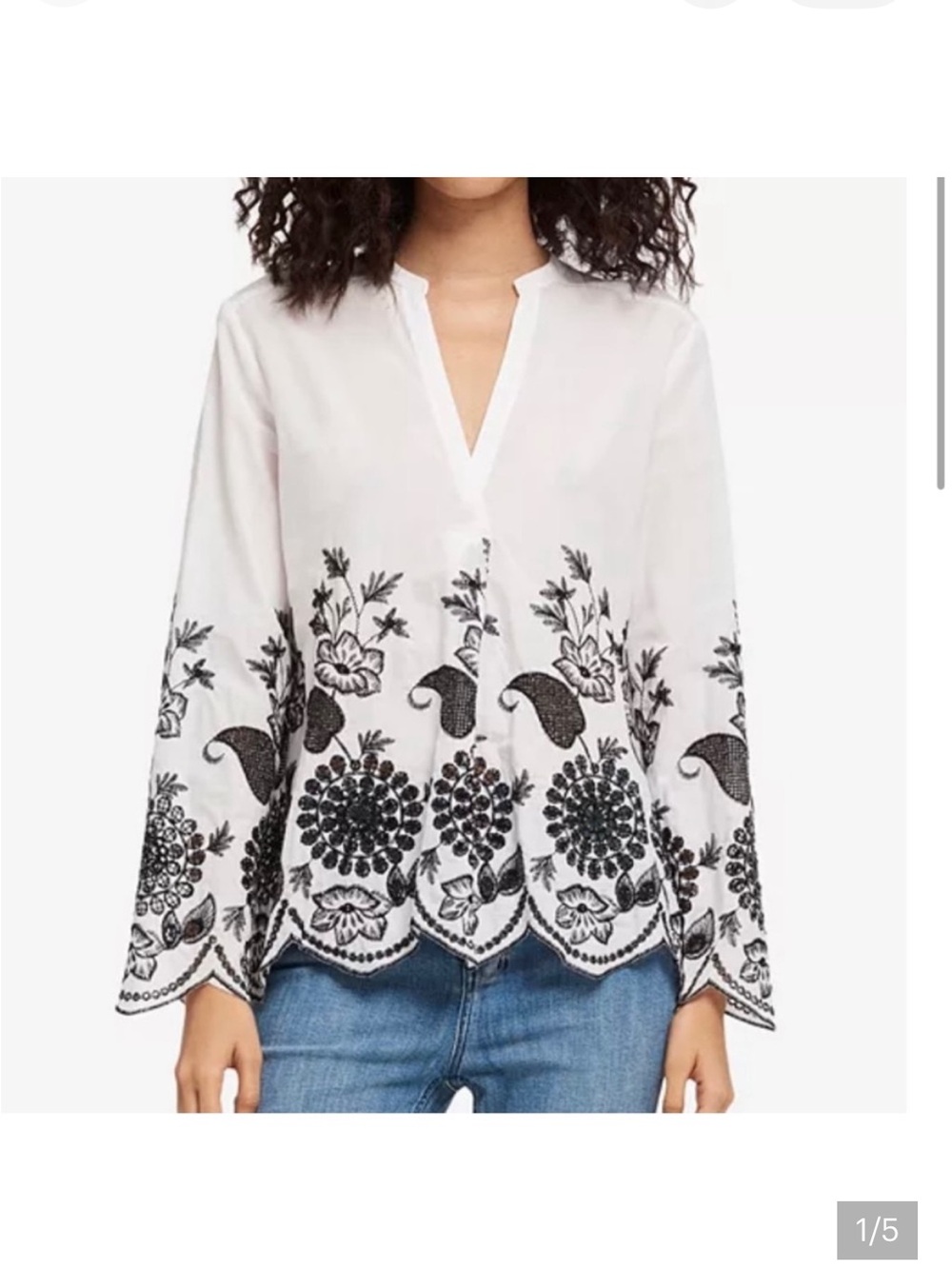 DKNY White Embroidered V-Neck Top